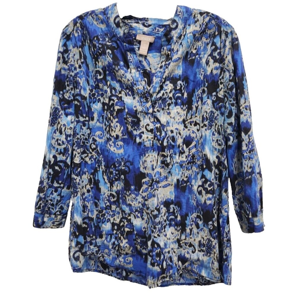Chicos‎ Womens Wearable Art Blouse Top Medium Blue Floral 3/4 Sleeve Popover